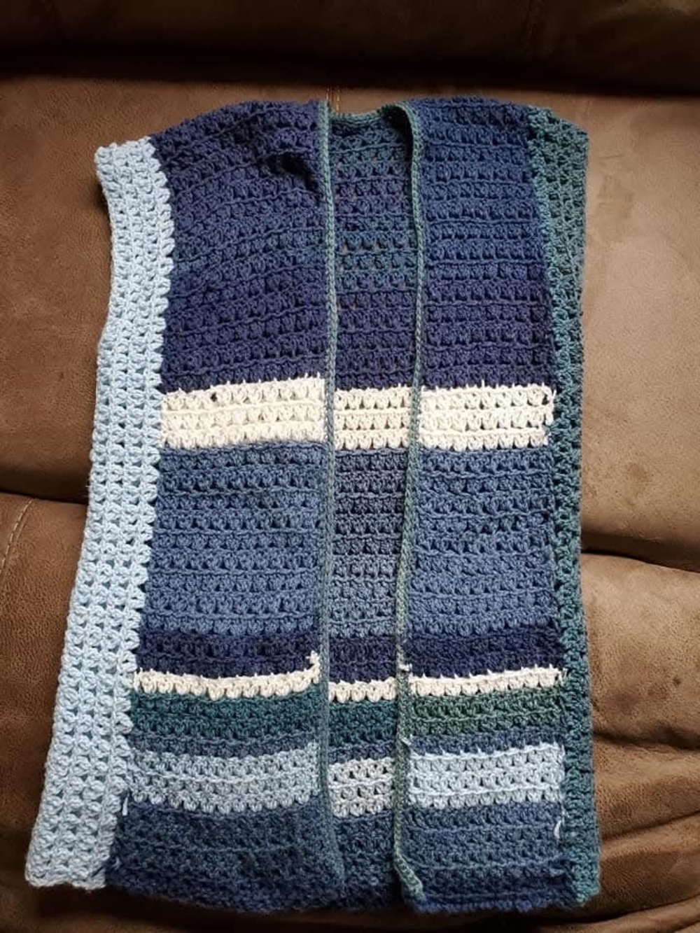 Striped Crochet Vest in Navy, Light Blue, Teal & Cream